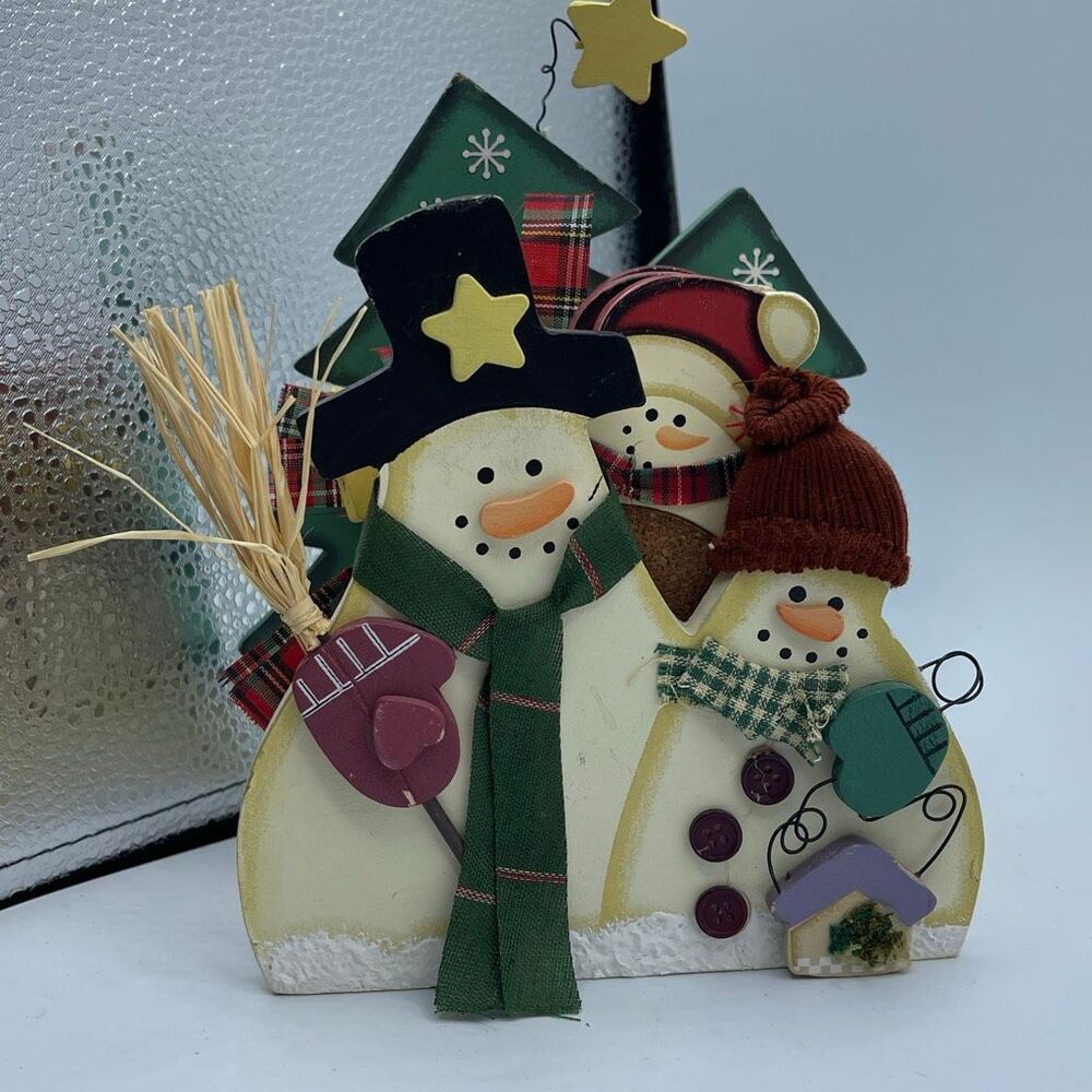 Vintage Hand-painted wooded snowman coaster set & holder.